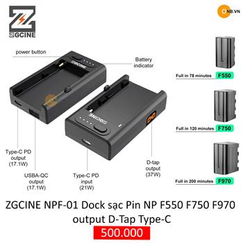 ZGCine NP-F001 Dock sạc Pin NP F550 F750 F970 có output DTap Type C 