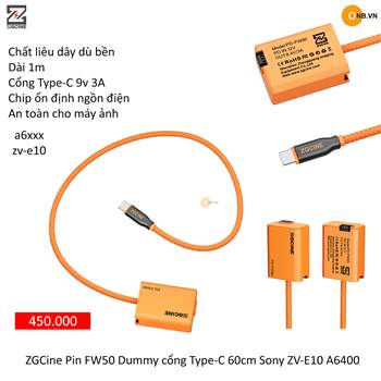 ZGCine Pin FW50 Dummy cổng Type-C dài 60cm Sony ZV-E10 A6400